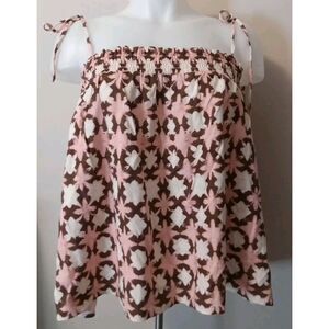 Loft Woman Sunwashed Boho‎ Pink Brown White Geometric Shoulder Tie Top Size L